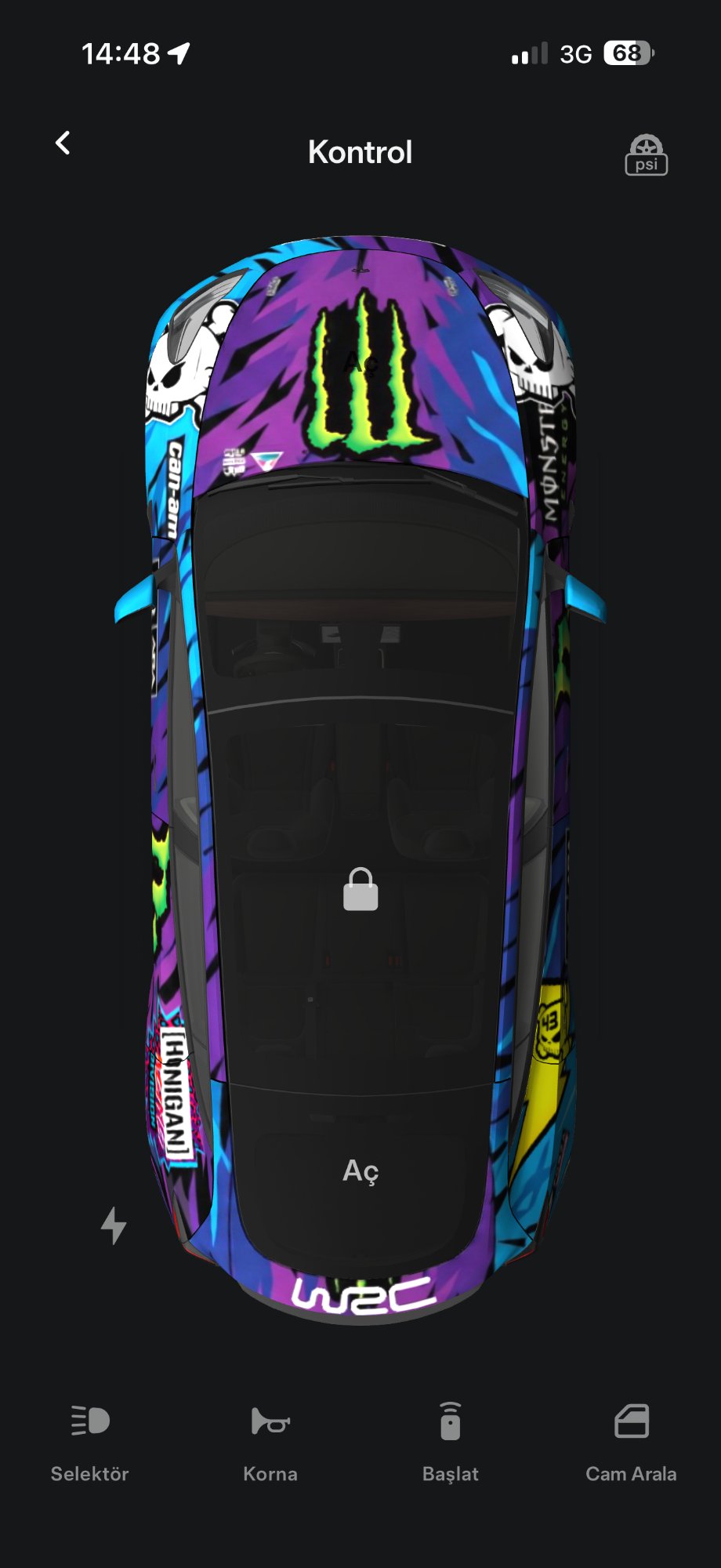 Tesla mobile app showing Hoonigan wrapped vehicle - overhead control view